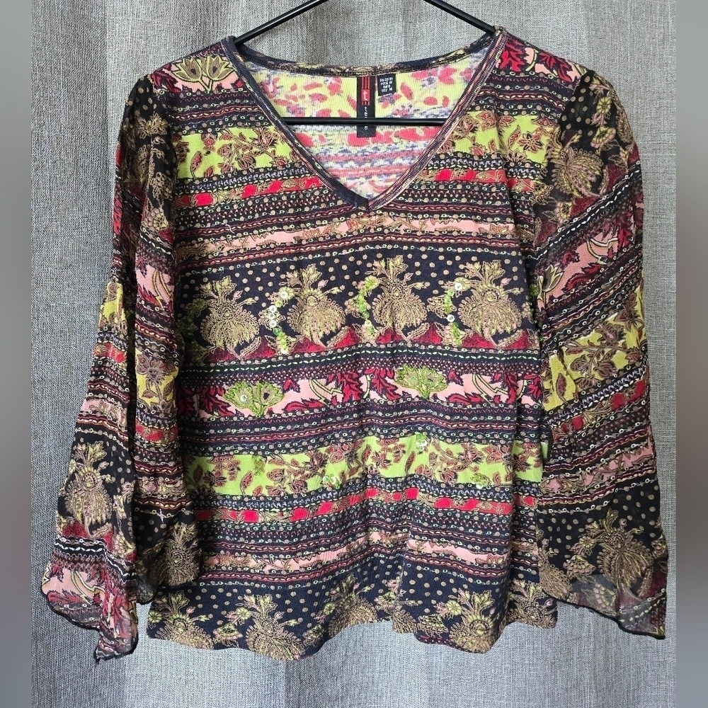 Vtg Y2k Tease Floral Striped Fairy Top Sz M Flared Sheer Wizard Sleeve Beaded